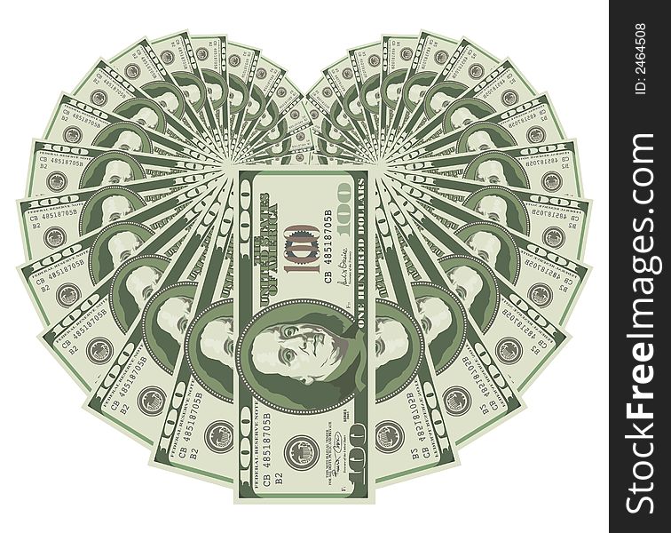 Heart made of 100 dollars banknotes. Heart made of 100 dollars banknotes