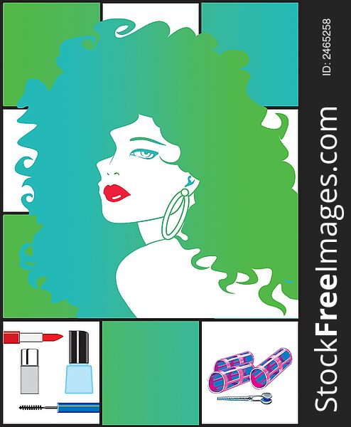 Beautiful green and blue haired woman portrait in graphic illustration. Beautiful green and blue haired woman portrait in graphic illustration