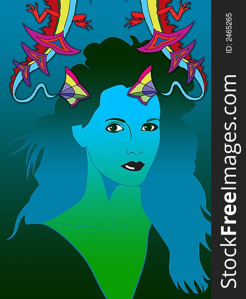 Beautiful woman portrait in blue and green, graphic illustration. Beautiful woman portrait in blue and green, graphic illustration