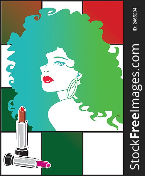 Beautiful green haired woman portrait with lipstick in graphic illustration. Beautiful green haired woman portrait with lipstick in graphic illustration