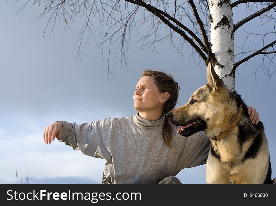 Woman communicate with alsatian dog under birch. Woman communicate with alsatian dog under birch