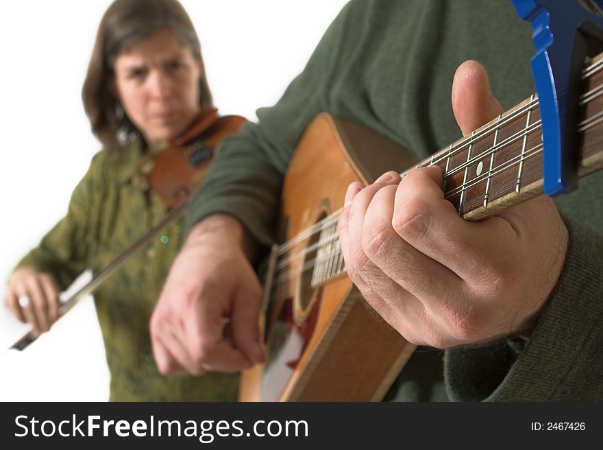 Band playing violon and guitare over white background