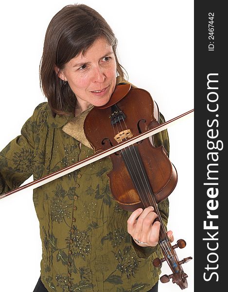 Mid-age woman playing violon over white background