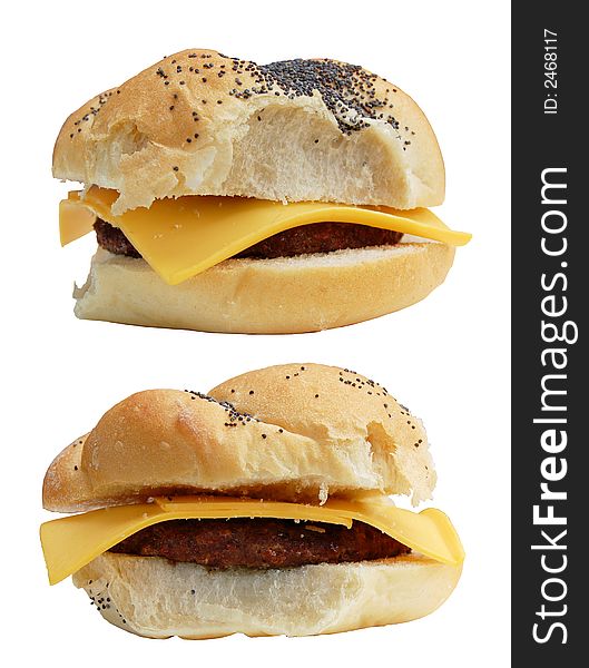 The same cheeseburger shot at two different angles, with tight clipping paths for each. The same cheeseburger shot at two different angles, with tight clipping paths for each.