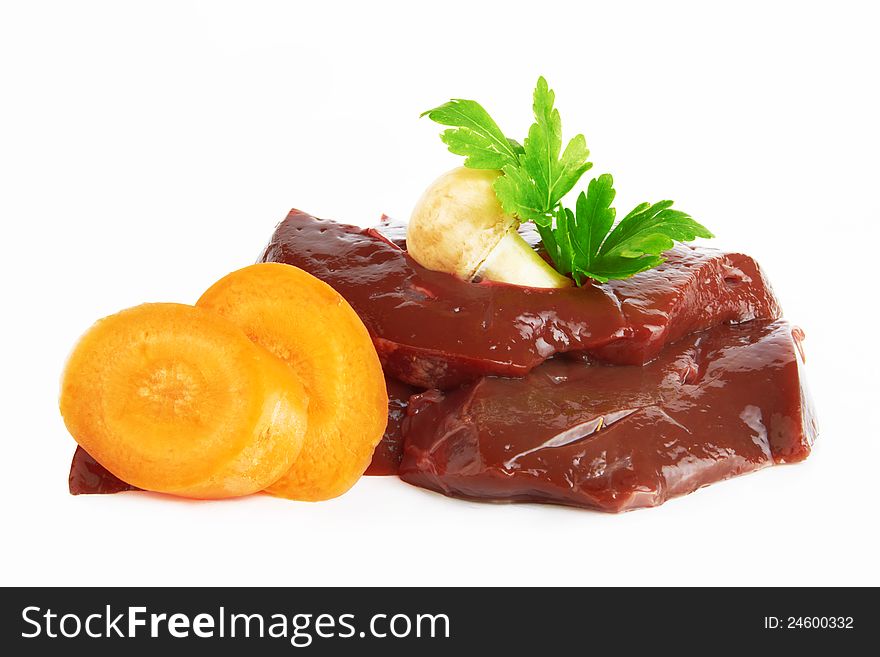 Fresh and raw liver on white background