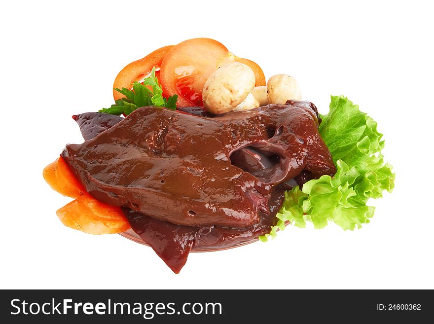 Fresh and raw liver on white background