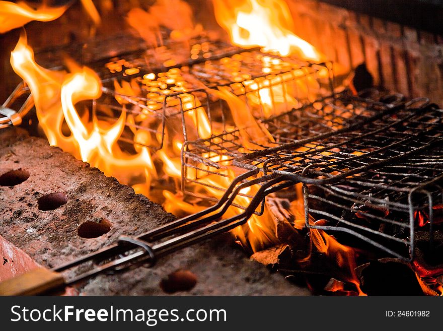 Preparation of barbecue charcoal closeup