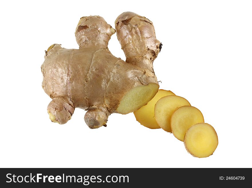 Sliced Old Ginger rhizome root, isolated on a white background