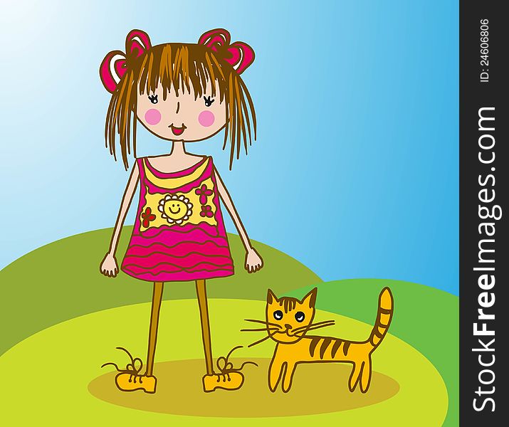 Vector illustration of funny little girl walking with kitty. Vector illustration of funny little girl walking with kitty