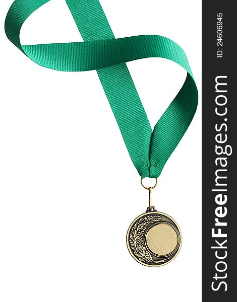 Gold medal with nice long green ribbon on white background. Isolated with clipping path. Gold medal with nice long green ribbon on white background. Isolated with clipping path