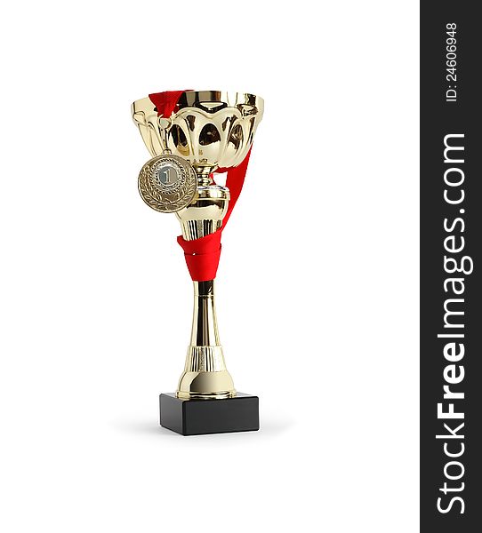 Award cup with gold medal on white background. Clipping path is included. Award cup with gold medal on white background. Clipping path is included