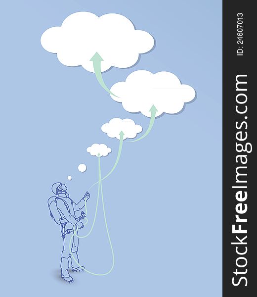 Conceptual illustration of climber with dreamed goals. Conceptual illustration of climber with dreamed goals