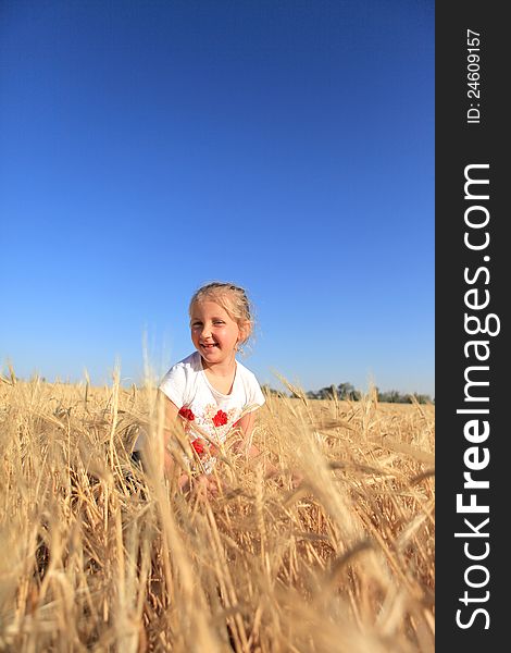 Girl in a field of wheat on blue sky background. Girl in a field of wheat on blue sky background