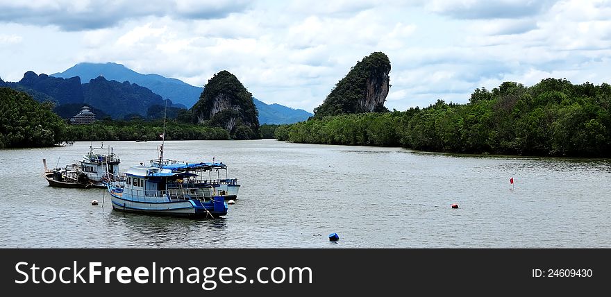 Beautiful landscape with boat in Krabi, Thailand. Beautiful landscape with boat in Krabi, Thailand