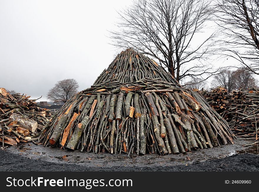 Charcoal pile in the outdoors, Transylvania, Romania
