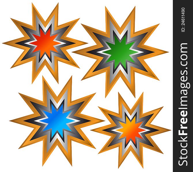 Four multi-colored stickers located on a white background