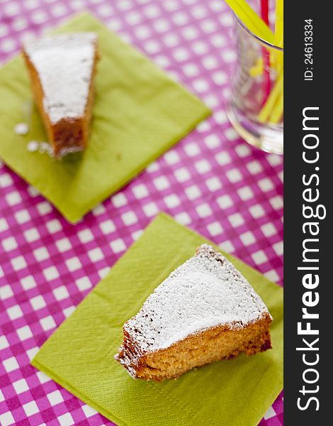 Homemade cake with yogurt on green napkins. Homemade cake with yogurt on green napkins