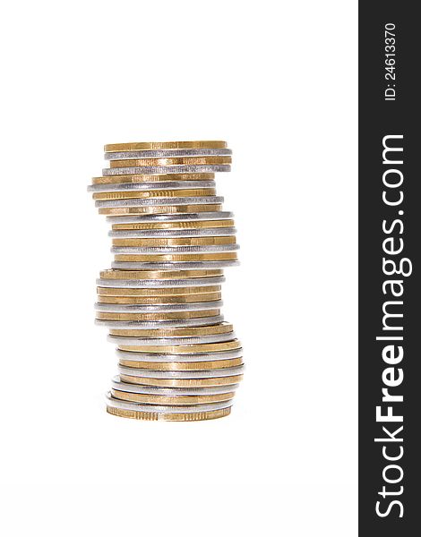 Stack of Russian coins on white