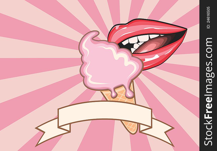 Illustration of lips is eating ice cream