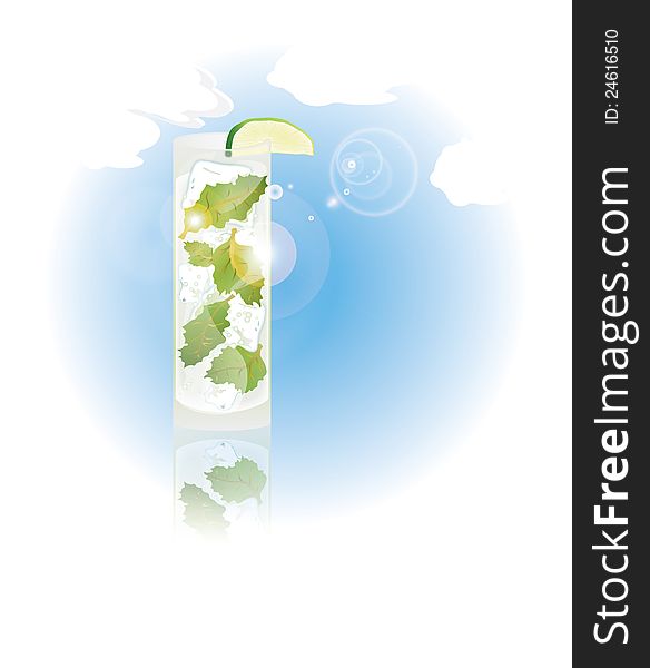 Illustration of glass of mojito against blue sky