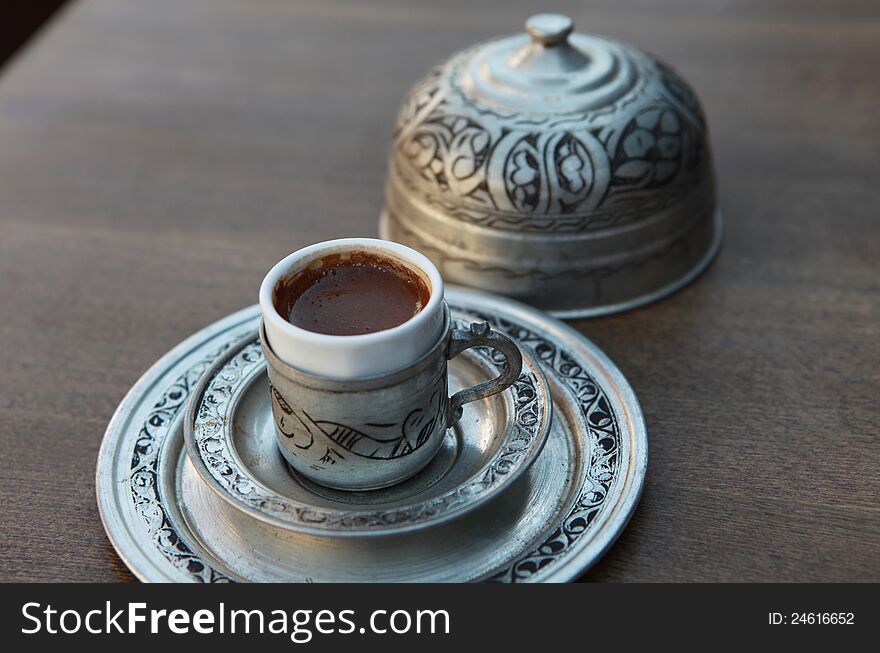 View of Turkish Coffee in the Copper Decorative Cup.