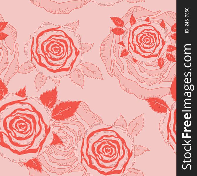 Vector seamless hand drawn roses and leaves background. Vector seamless hand drawn roses and leaves background.