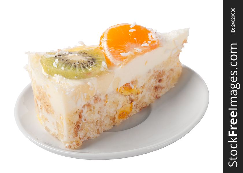 Cake with jelly and fruits over white