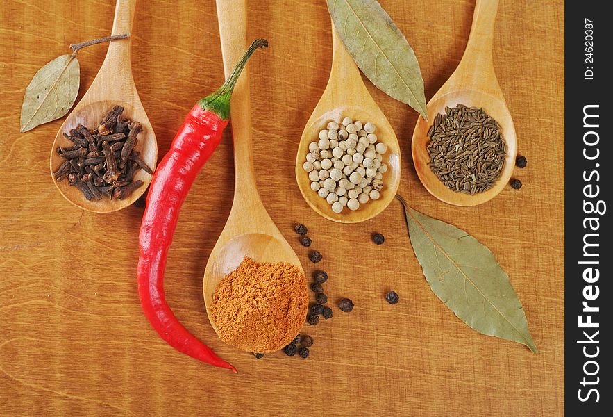 Spices in the spoons on wooden background