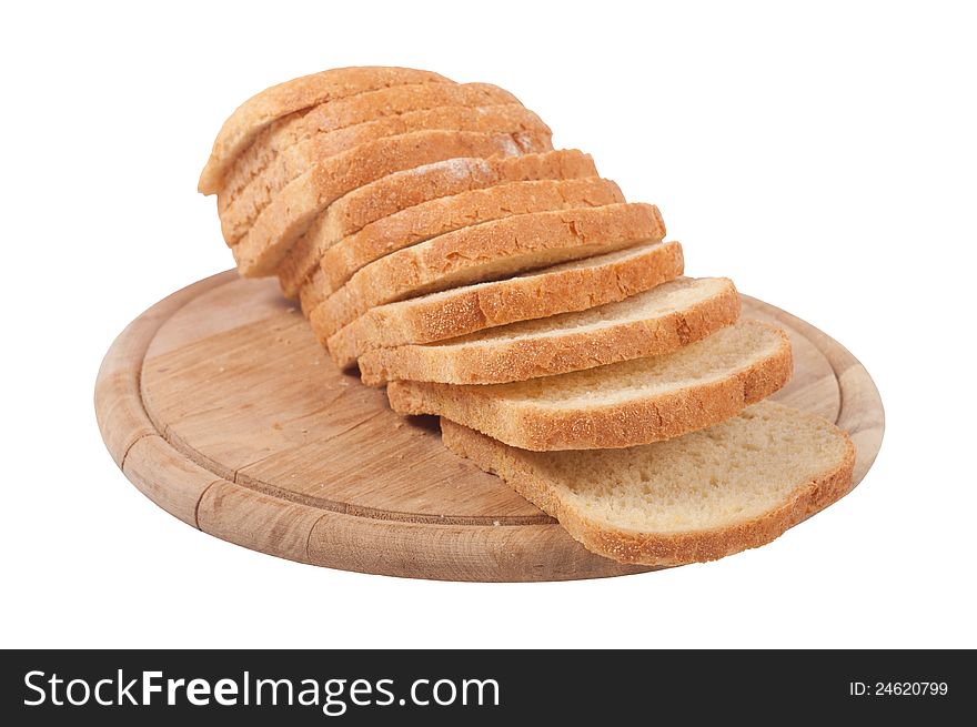 Sliced bread on a board on a white background