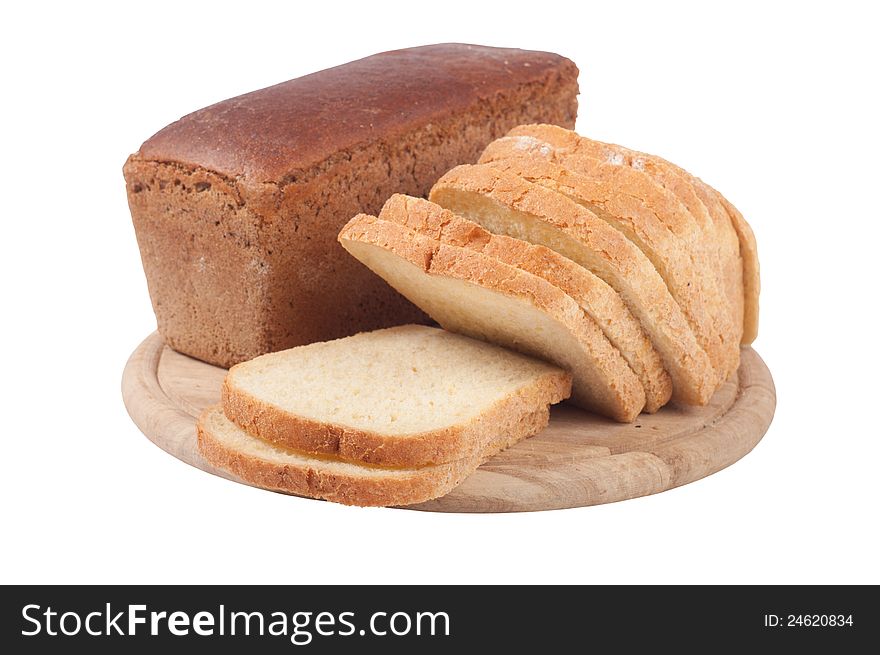 Bread on a board on a white background