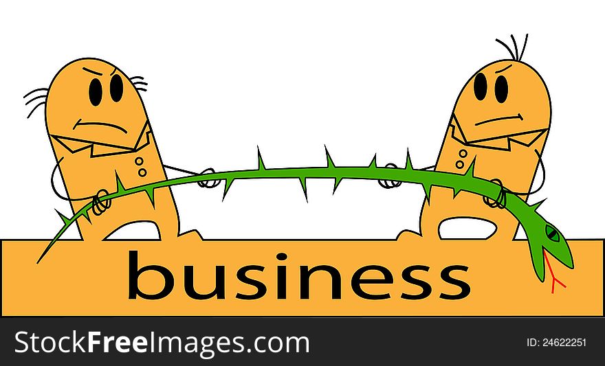 Two men and their business in the form of barbed snake, abstract illustration