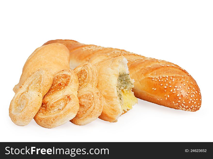 Bread with sesame, puff cookies, bun with filling made вЂ‹вЂ‹from wheat flour, isolated on white background. Bread with sesame, puff cookies, bun with filling made вЂ‹вЂ‹from wheat flour, isolated on white background