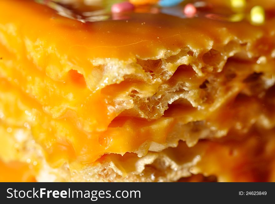 Waffles cake with caramel closeup