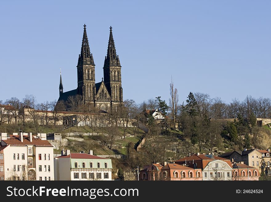Vysehrad in church on a sunny day, vysehrad in the spring with blue sky in the background
