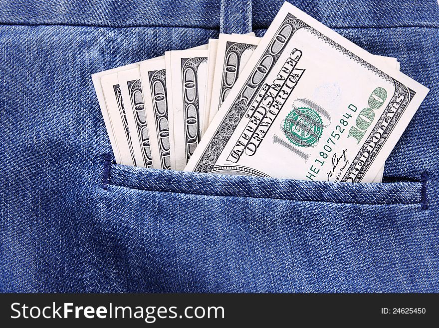 Money in jeans pocket, shopping background. Money in jeans pocket, shopping background