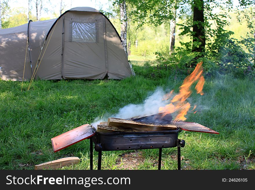 Weekend in the outdoors with a tent and barbecue