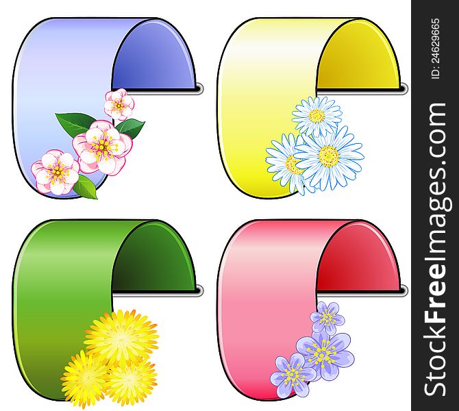 Four colorful bookmarks with different flowers over white. Four colorful bookmarks with different flowers over white