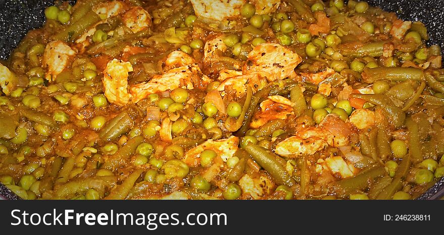 Chicken with peas and green beans, Yam