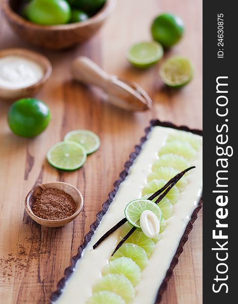 Lime chocolate tart, selective focus