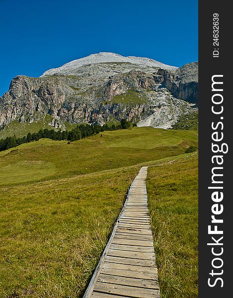 Footbridge Over The Meadow And Mountain Dolomites