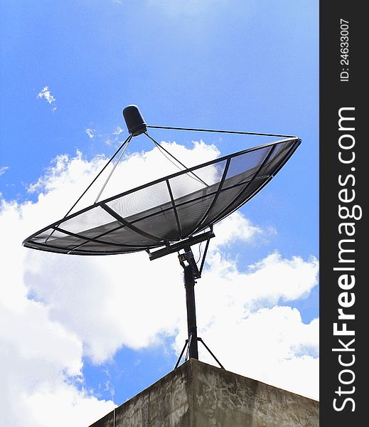 Satellite dish for communication with blue sky background