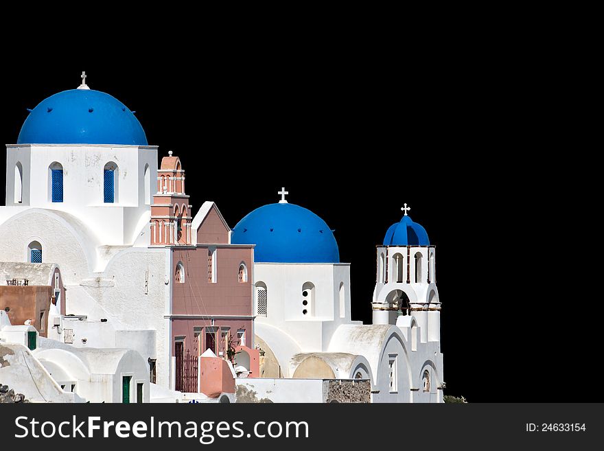 Traditional scenic church at Santorini island in Greece isolated on black background. Traditional scenic church at Santorini island in Greece isolated on black background