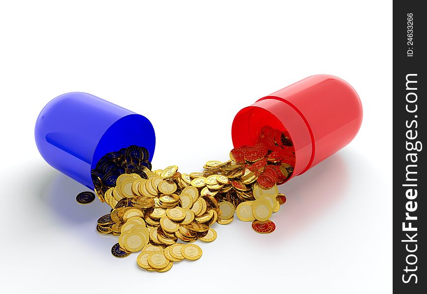 Red and blue pills with golden coins on white background. Red and blue pills with golden coins on white background