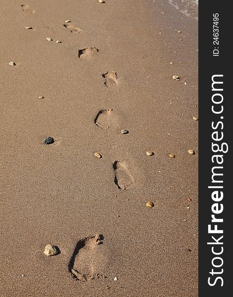 A row of footsteps on the beach. A row of footsteps on the beach