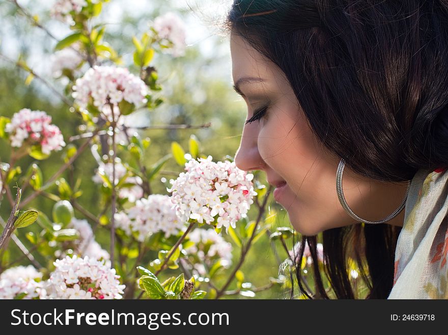 A young woman smells the spring flowers. A young woman smells the spring flowers