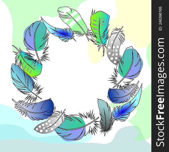 feather wreath on pastel abstract background,  graphics, cover, sticker, pattern