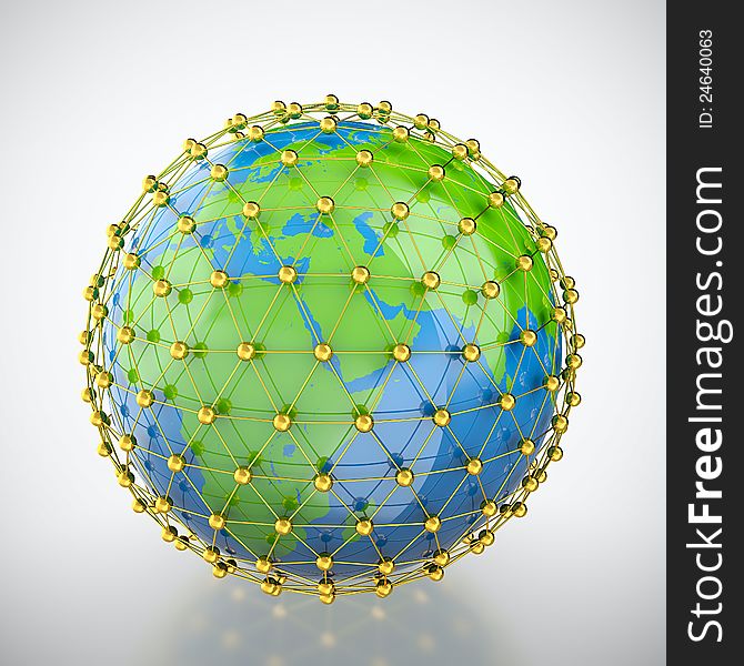 3D render of earth trapped in golden cage. 3D render of earth trapped in golden cage