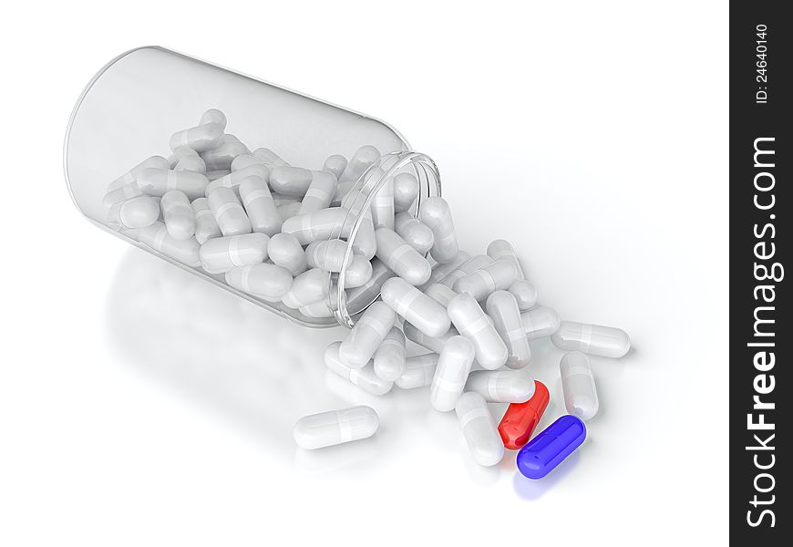 Red and blue pills among white pills spilled from bottle. Red and blue pills among white pills spilled from bottle