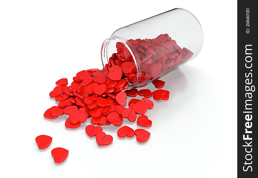 Heart pills spilled from prescription bottle on white background