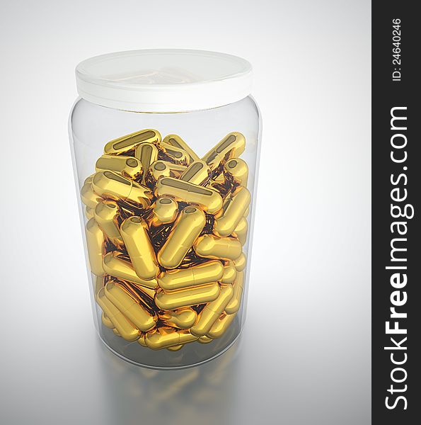 Golden pills in prescription bottle on white background. Golden pills in prescription bottle on white background